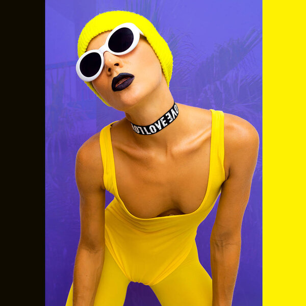 Freak stylish model in fashion club outfit. Party crazy vibes