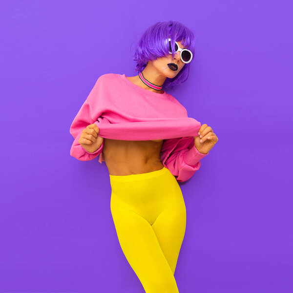 Fashion Girl with purple hair and bright stylish trends outfit. Colorful party vibes