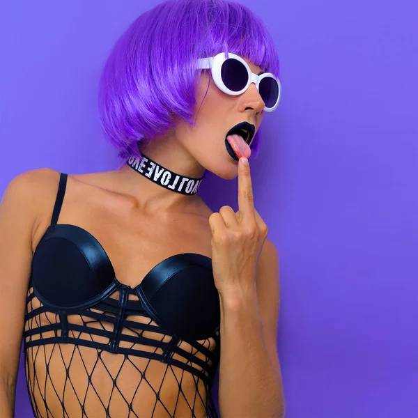 Fashion Girl Blue Hair Bright Stylish Party Look Sexy Purple — Stock Photo, Image