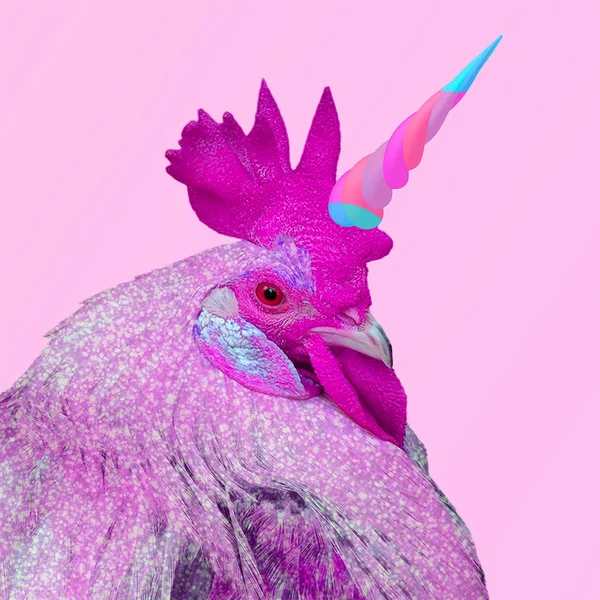 Collage Współczesnej Sztuki Kogut Kolorowy Jednorożca Śmieszne Zwierzęta Kolaż Pomysł — Zdjęcie stockowe