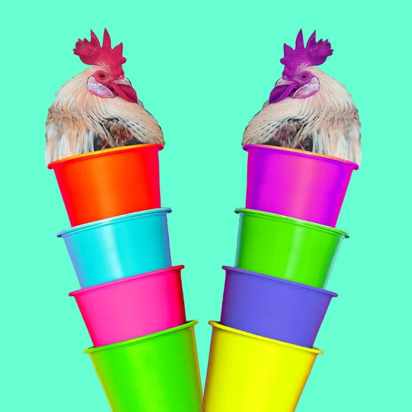 Kolase Seni Kontemporer Dua Ayam Berwarna Warni Dan Kacamata Plastik — Stok Foto