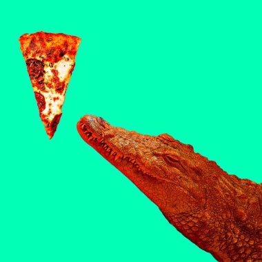 En az düzeyde çağdaş kolaj sanat. Timsah pizza sevgilisi