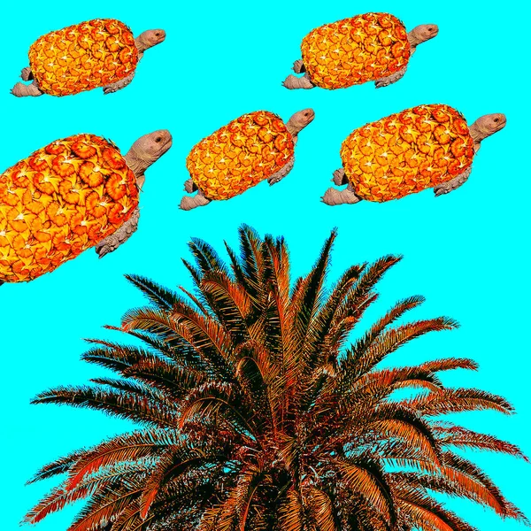 Minimalne Collage Współczesnej Sztuki Tropikalny Klimat Ananas Żółwie Locie — Zdjęcie stockowe