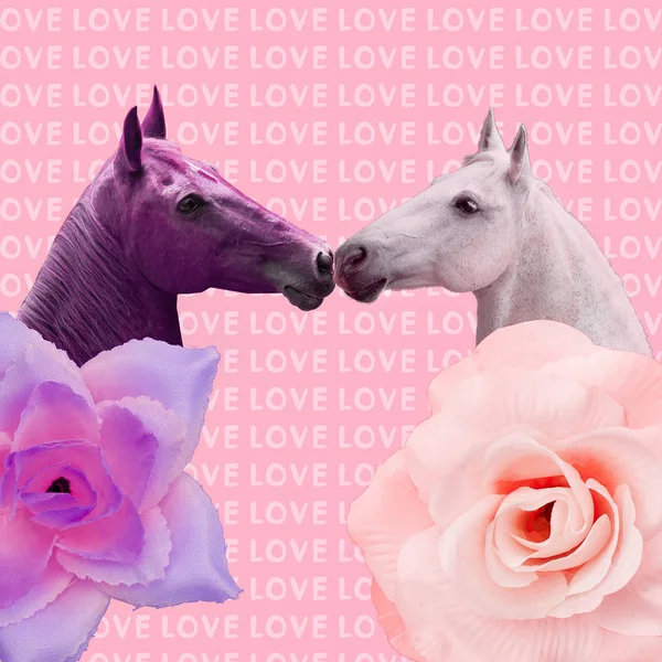 Minimální Koláž Současného Umění Koně Lásce Den Svatého Valentýna Koncept — Stock fotografie