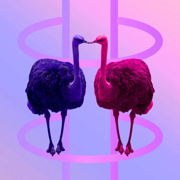 Minimal Contemporary collage art. Ostriches couple in geometric abstraction
