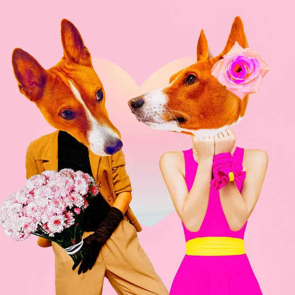 Düzeyde Çağdaş Kolaj Sanat Köpek Aşık Tarih Valentine Gün Kavramı — Stok fotoğraf