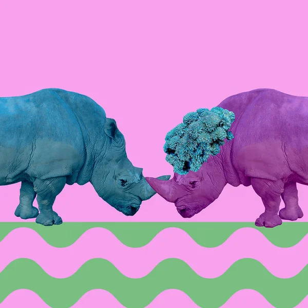 Minimal Contemporary collage art. Rhinos couple. Everybody wants love concept