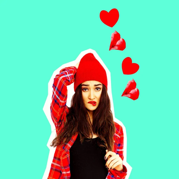 Brunette Meisje Liefde Trillingen Collage Art Aftelkalender Voor Valentijnsdag Concept — Stockfoto