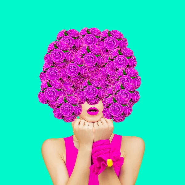 Minimal Collage Art Lady Bouquet Spring Coming March Concept — Stock Photo, Image