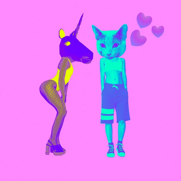 Minimal collage art. Couple in love. Cat and Unicorn. Valentine\'s day concept