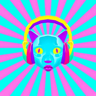 3D render Kitty Dj. çağdaş sanat kolaj. Club müzik parti konsepti