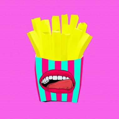 3D render. Çağdaş minimal sanat kolaj. Hipster patates kızartması. Fast food kavramı