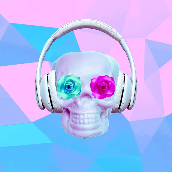 Contemporary art minimal collage. Fashion Skull in headphones. Club Party style
