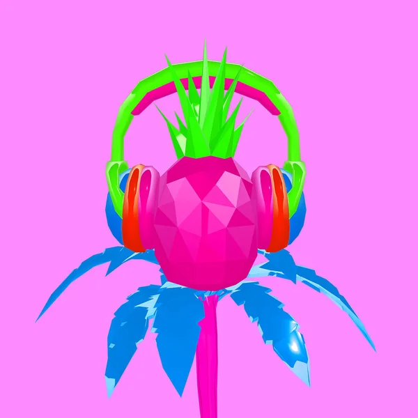3d render DJ tropical pineapple. Contemporary minimal art collage. Beach party concept