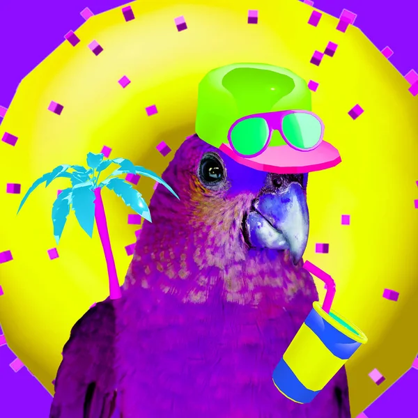 Сучасне Мистецтво Колаж Фіолетовий Папуга Відпустці Пляж Настрій — стокове фото