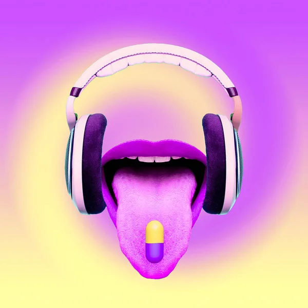 Collage Współczesnej Sztuki Koncepcja Muzyki Szalony Usta Słuchawkach Strona Leki — Zdjęcie stockowe