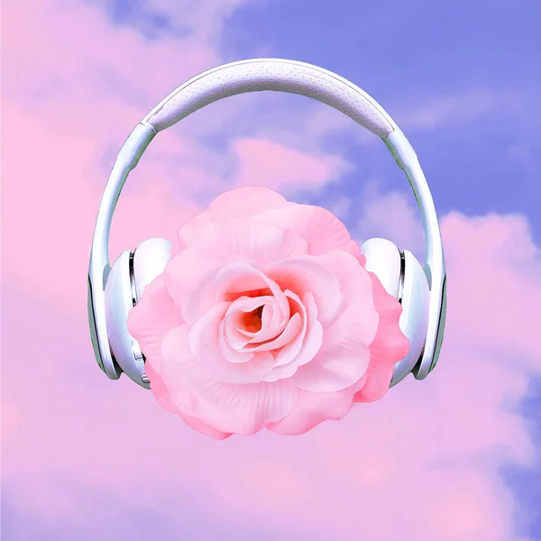 Collage Arte Contemporanea Concetto Musicale Rose Con Cuffie Umore Romantico — Foto Stock