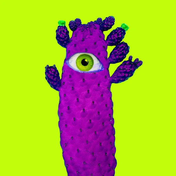 当代艺术拼贴画 紫色仙人掌与人眼 最小的搞笑艺术 — 图库照片