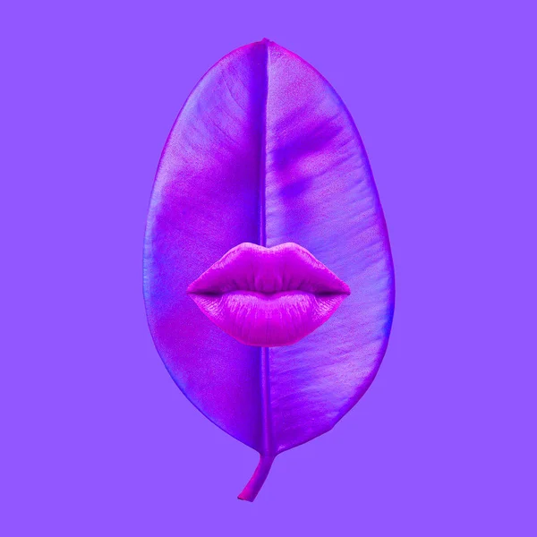 Contemporary art collage. Purple leaf with human lips. Visual colours art