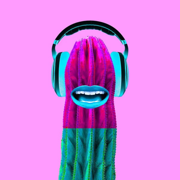 Collage Arte Contemporáneo Cactus Vibraciones Musicales Coloridas — Foto de Stock