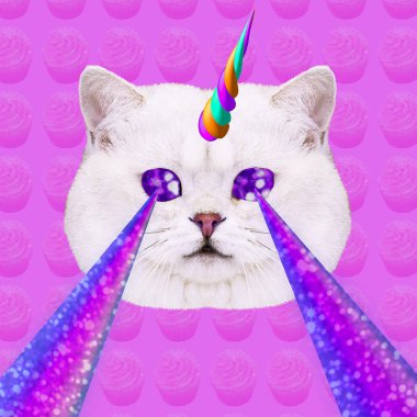 Unicorn Candy Cat with lasers from eyes. Minimal collage fashion concept clipart