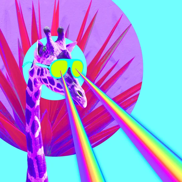 Urlaubsgiraffe Mit Regenbogenlaser Aus Den Augen Minimale Collage Lustige Kunst — Stockfoto