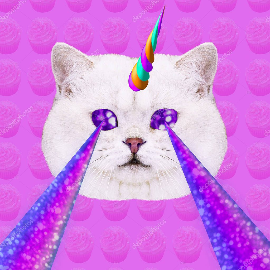 Unicorn Candy Cat with lasers from eyes. Minimal collage fashion concept