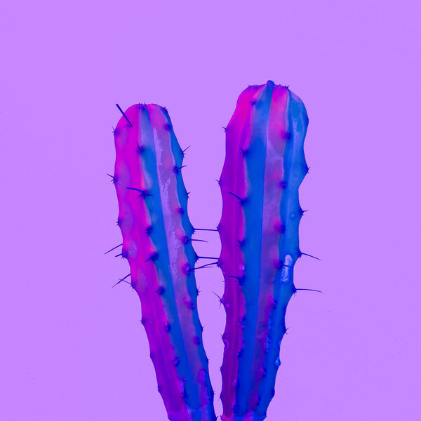 Neon violet cactus. Cactus minimal design. Cactus fashion concept
