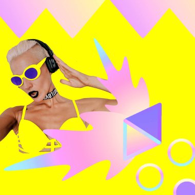 Bayan Dj pozitif parlak vibes. Müzik konsepti. En az düzeyde çağdaş sanat kolaj.