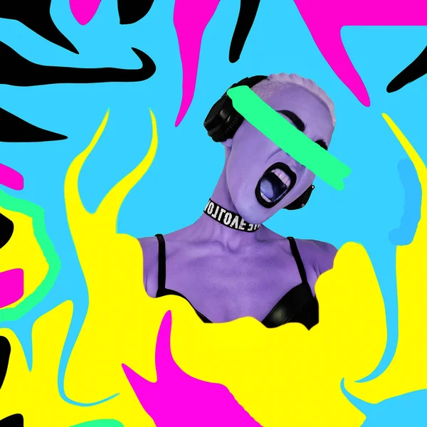 Kız Duygusal Agresif Müzikal Kavramı Minimal Çağdaş Renkli Sanat Kolaj — Stok fotoğraf