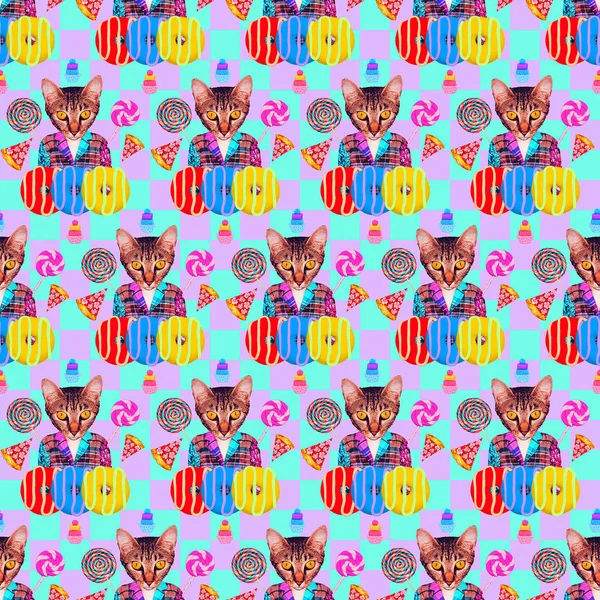 Seamless minimal pattern. Hipster Kitty vintage and fast food lo — Stock Photo, Image