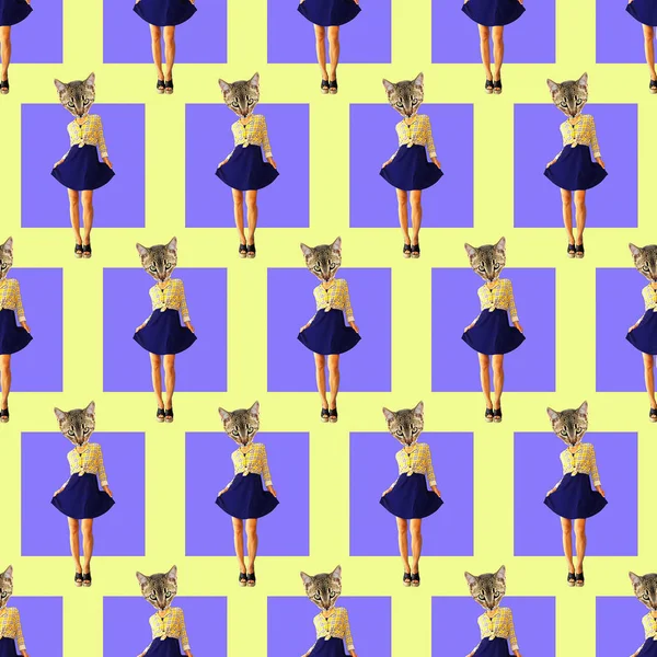 Seamless minimal fashion pattern.  Lady Cat vintage look. Use fo