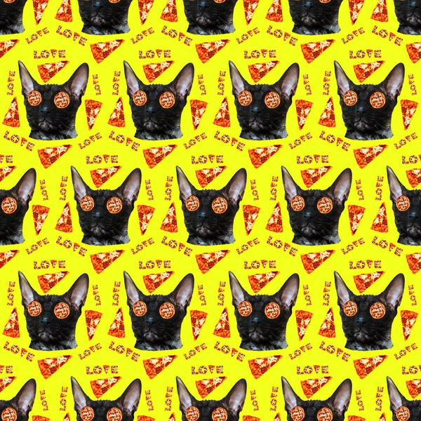 Seamless minimal fashion pattern. Pizza addict cat background. U