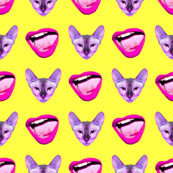 Bezszwowe moda minimalny wzór. Kot moda twarz i usta korzystania — Zdjęcie stockowe