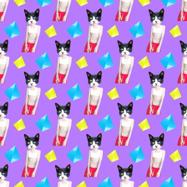 Kesintisiz en az desen. Hipster kedi kullanım için t-shirt, tebrik