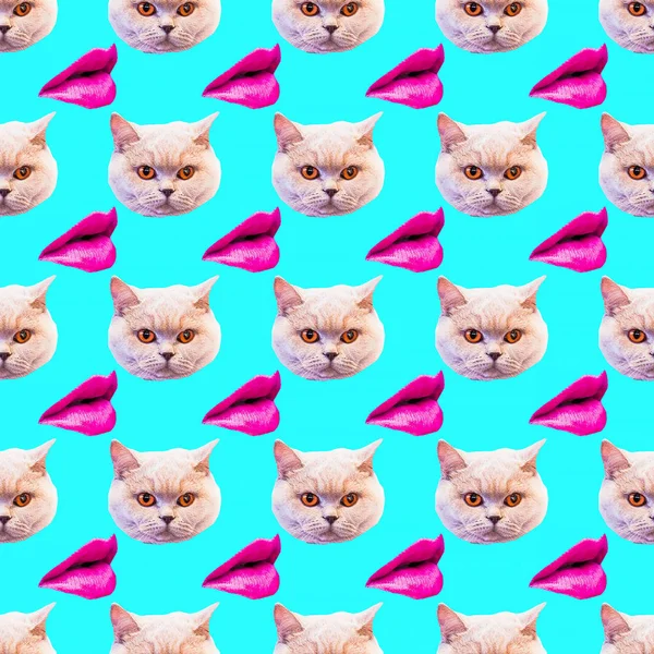 Seamless minimal  pattern. Kitty and lips. Use for t-shirt, gree