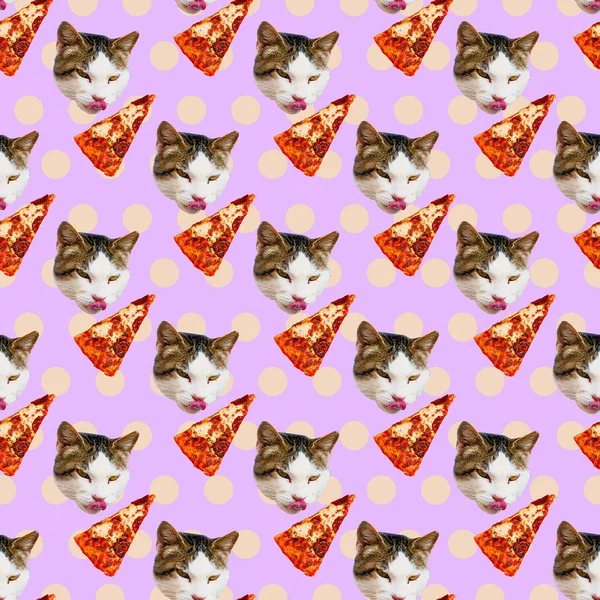 Безшовний мінімальний шаблон. Кішка любитель піци. Використовувати для футболки, сірий — стокове фото