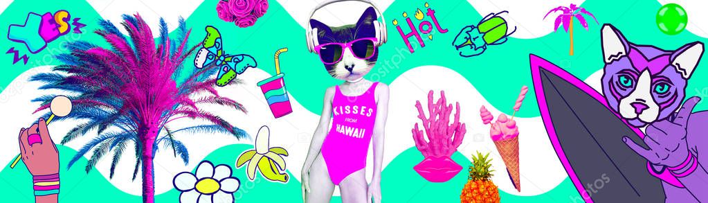 Contemporary zine art collage. Kitty beach mood. Vacation vibes