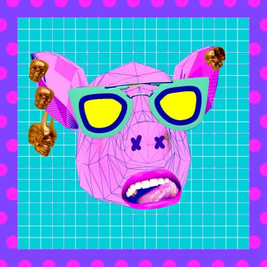 Çağdaş minimal sanat kolajı. Pembe Piggy Vegan. Zine kültürü