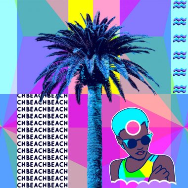 Çağdaş minimal sanat kolajı. Mama Afrika. Palmiye ağaçları. Beach