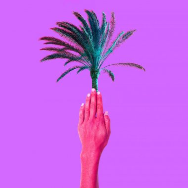 Çağdaş sanat kolajı. Avuç içi tutan el. Minimal. Zine cul