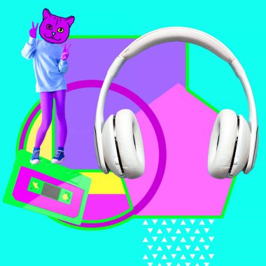 Çağdaş sanat kolajı. Kitty ve kulaklıklar. Müzik ruh Hali Zine 