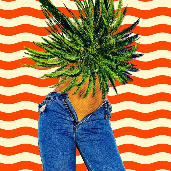 Contemporary minimal art collage. Girl in jeans .Vacation vibes. — Stock Photo, Image
