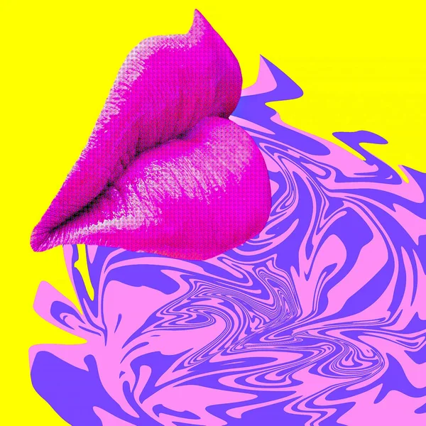 Collage de arte estético. Los labios sensuales. Concepto de maquillaje. Zine cultur — Foto de Stock