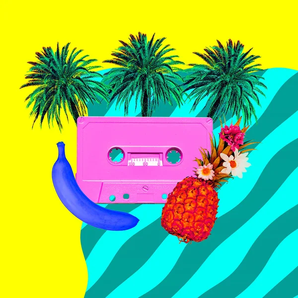 Aesthetic art collage. Beach Retro palm cassette.  Zine culture — Stock Photo, Image