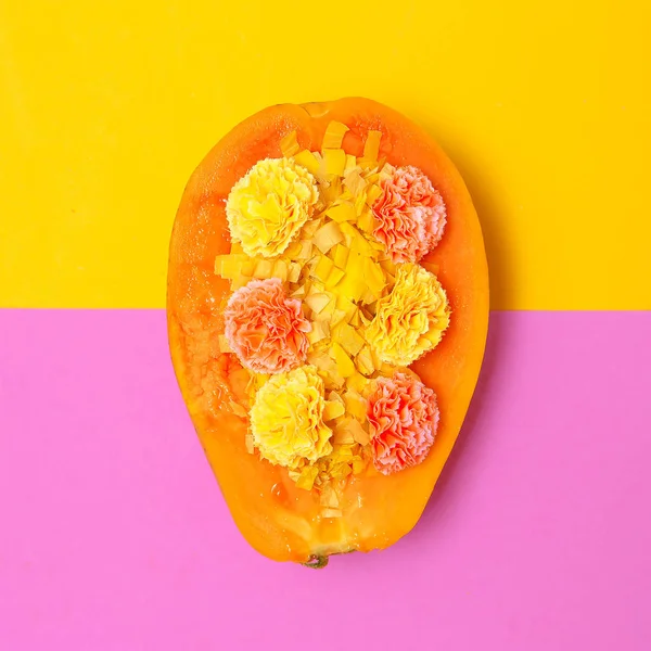 热带水果艺术。木瓜。最小平铺 — 图库照片