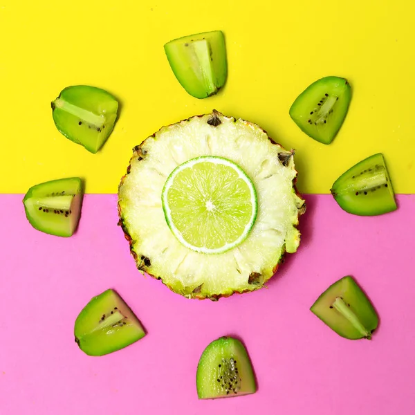 Tropical fashion mix. Pineapple Kiwi Lime. Fruits concept art — Stock Photo, Image