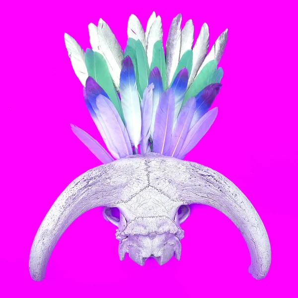 Goat skull and feathers. Minimal flat lay art — Stock Photo, Image