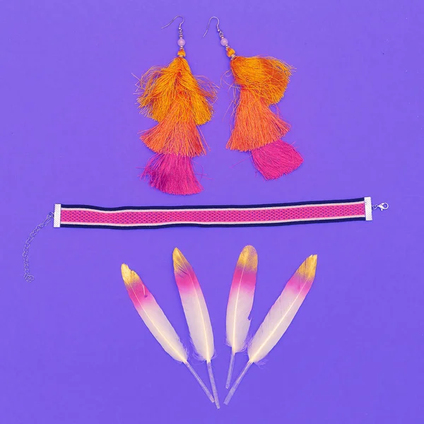 Stylish accessories earrings and choker. Minimal flat lay art — Stock Photo, Image