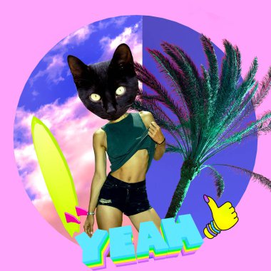 Moda minimal sanat kolaj. Kitty sörfçü plaj Vibes